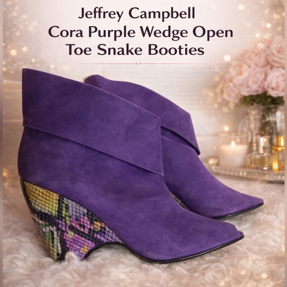 Jeffrey Campbell Cora Purple wedge open toe snake booties 41/10